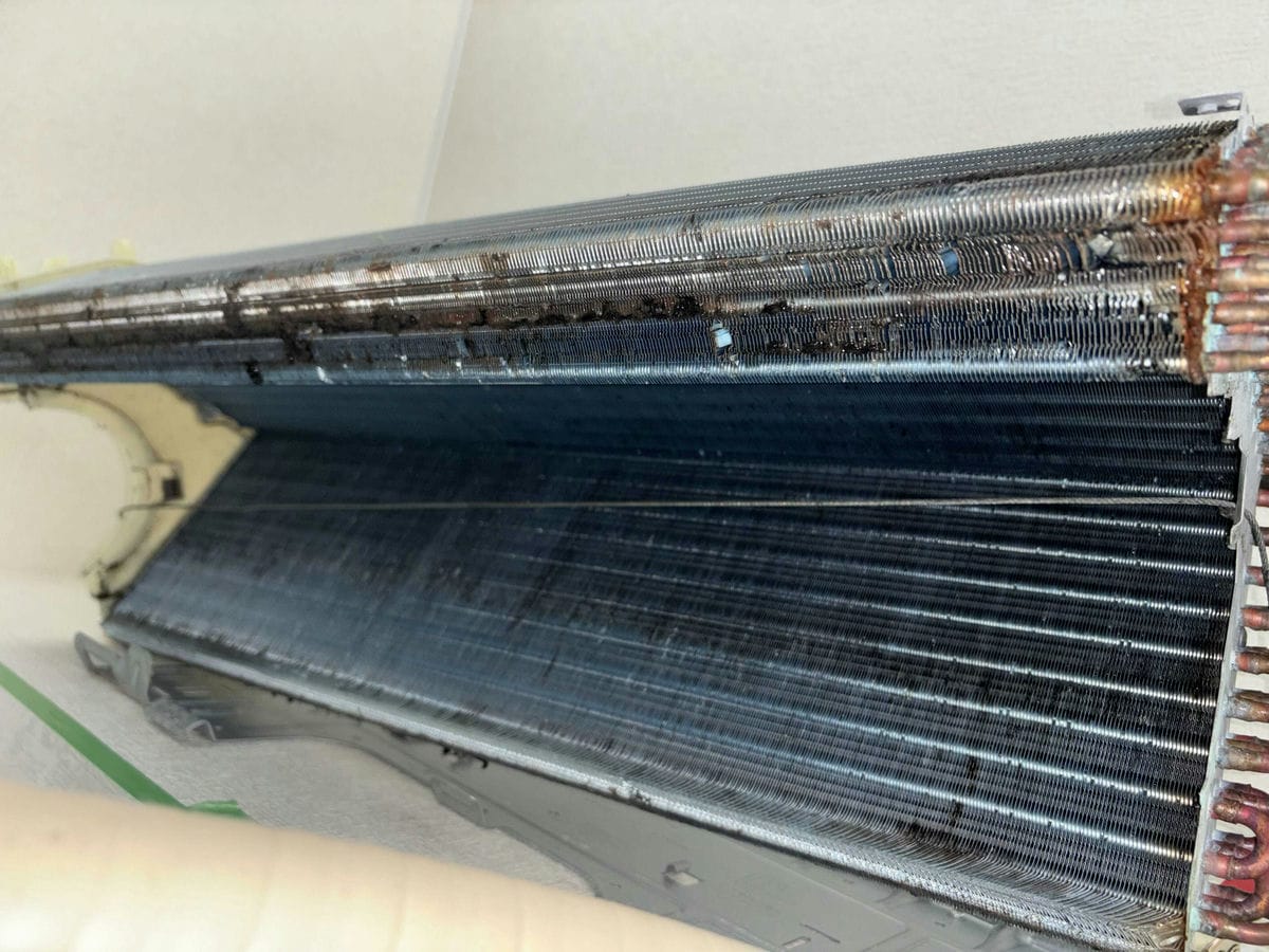 洗浄前の熱交換器のドレンパン接触部分