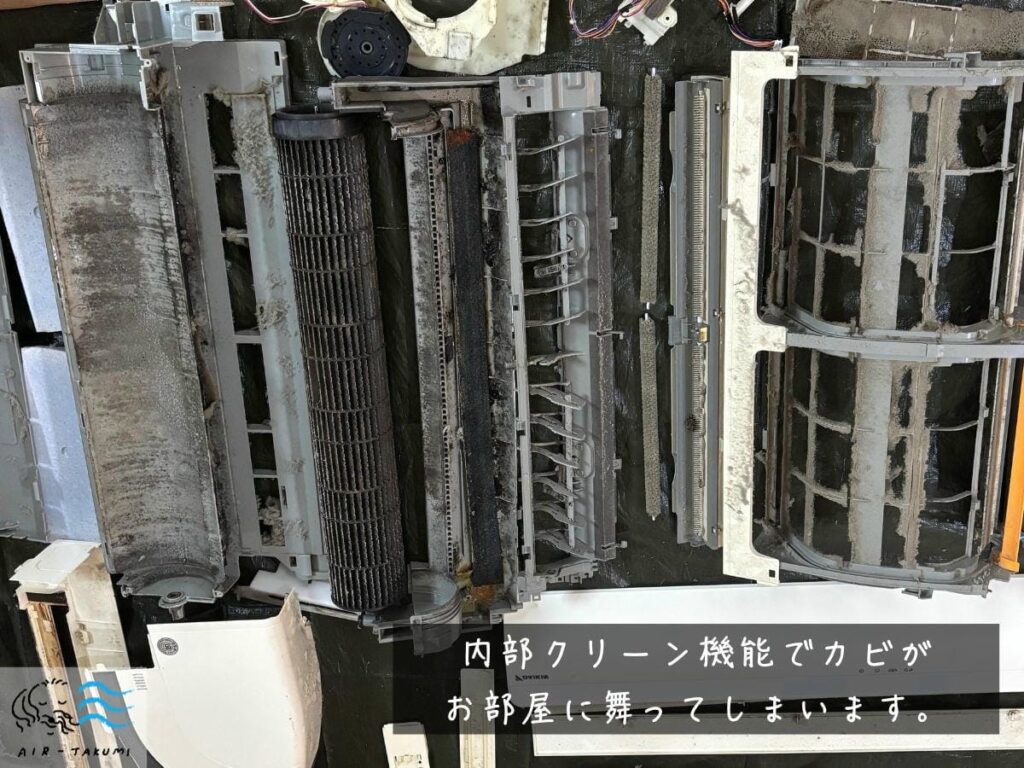 内部クリーン機能を毎回使用していたにもかかわらず、カビとホコリで汚れたエアコンの分解部品