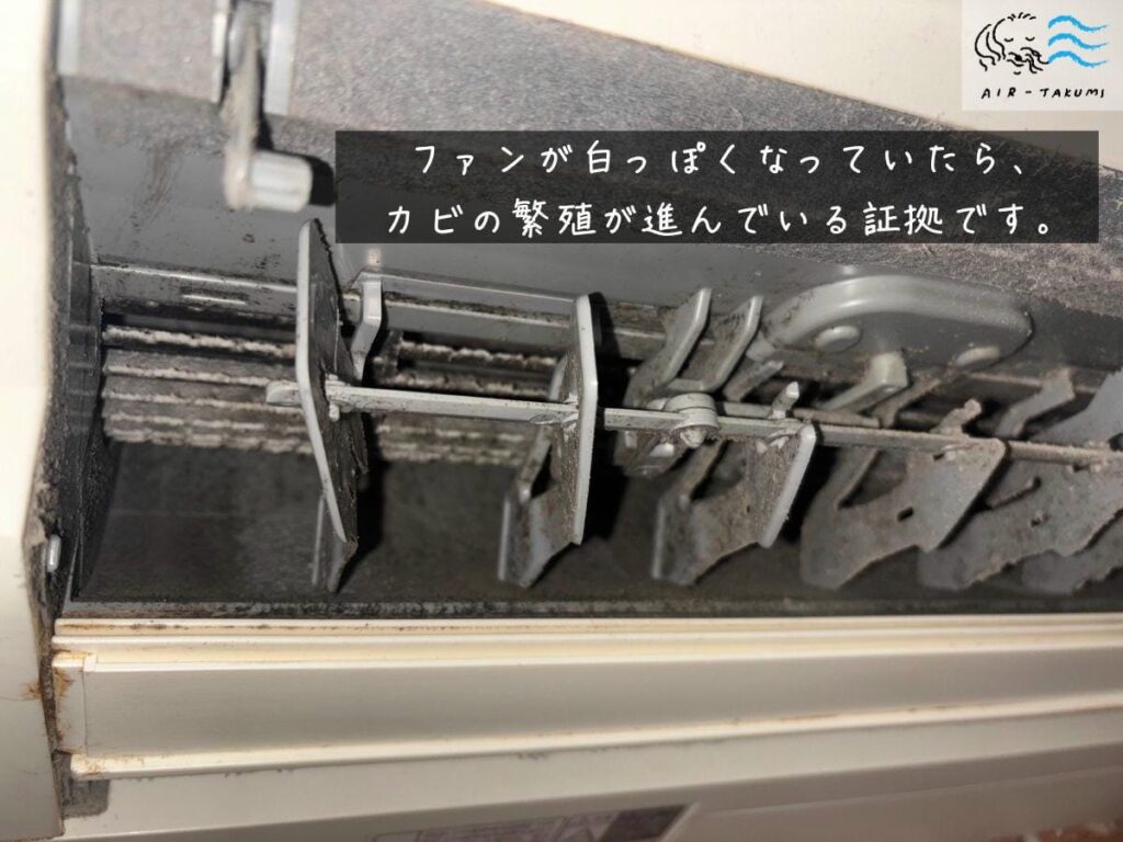エアコン吹き出し口から見える送風ファンが白っぽく変色している状態。カビの繁殖が進行している様子
