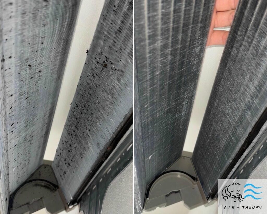 部分洗浄後の熱交換器の内側の写真