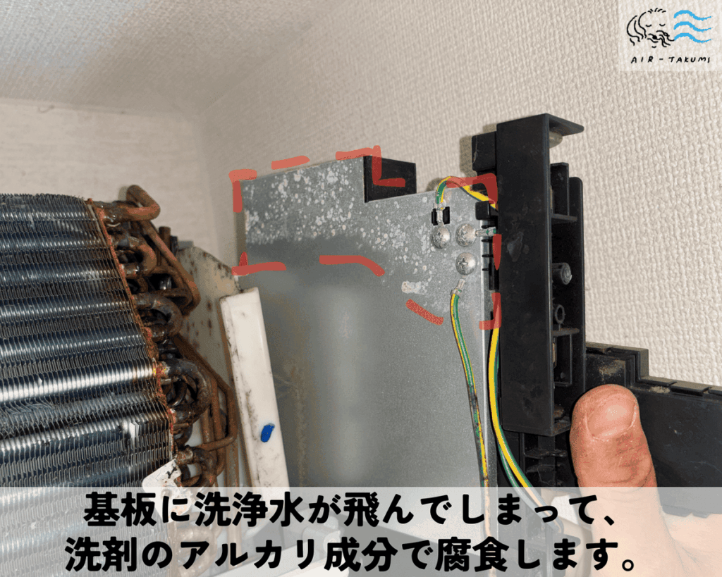 洗浄水が飛んでしまい洗剤のアルカリ成分で腐食が進行してる基板